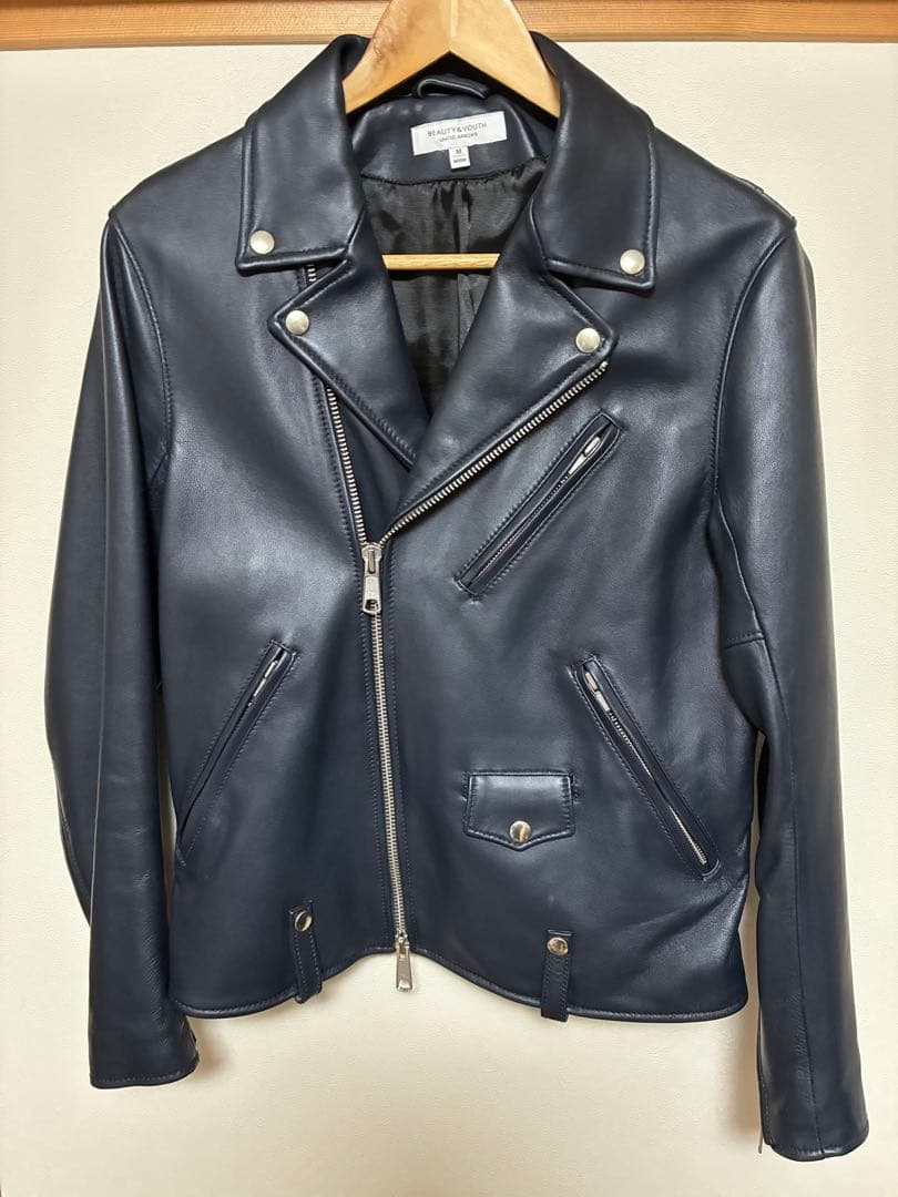 BEAUTY&YOUTH ネイビー レザーダブルライダースジャケット