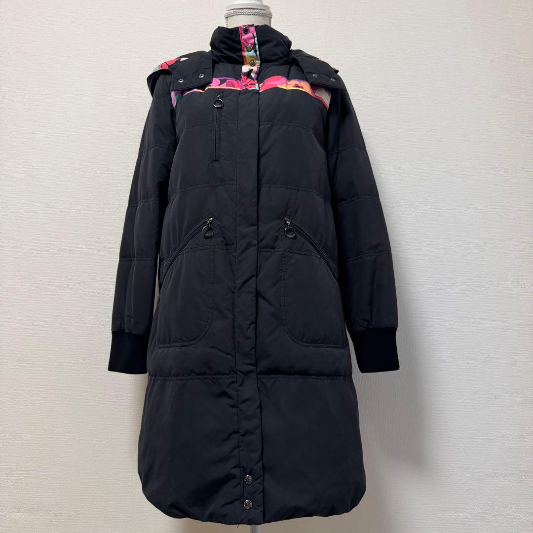 レオナール　ダウンコート　フェザー　フード　ロゴ刻印ボタン　日本製　ブラック　M