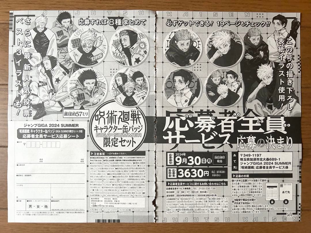 ジャンプGIGA 応募者全員サービス 呪術廻戦 キャラクター缶バッジ 応募