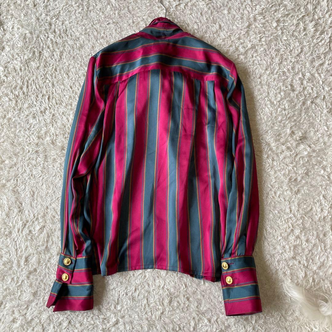 希少✨シルク100%セリーヌ トリンオンフ金ボタン ボウタイストライプ柄