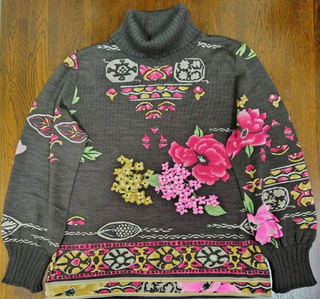 LEONARD 花柄 リブタートルネックセーター ウール シルク