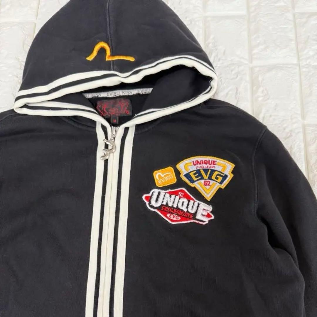 EVISU エヴィス ジップパーカー M 黒 52 ビッグロゴ ワッペン 刺繍