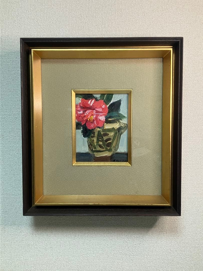 楢原健三「椿」 0号 油彩 油絵 絵画 静物画 当時オリジナル額装 木製額縁