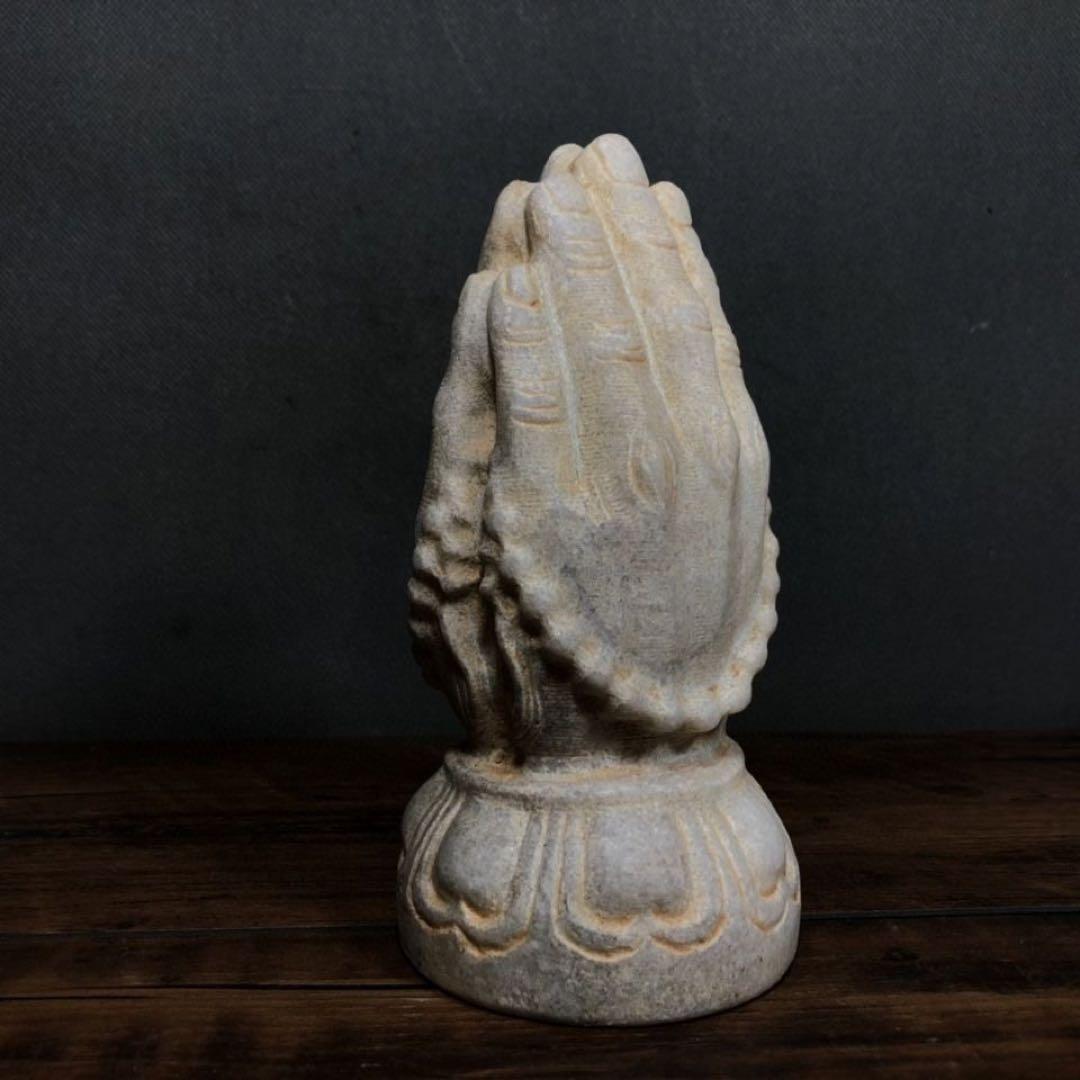 中国美術品　漢白玉石極細工彫刻　佛の手　供養　縁結び　案頭　古賞物