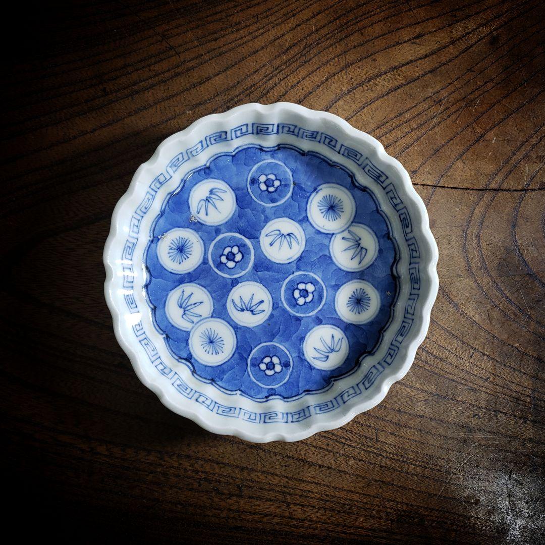 小皿　染付　花弁縁　丸窓　松竹梅　縁文　雷文　訳あり　明治　大正　古伊万里　ロ号