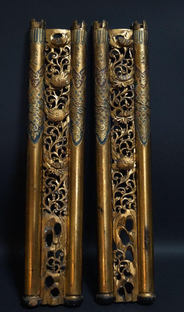 江戸末期 細工透かし彫り『菊唐草』 金箔塗り『霊芝流れ雲図』木造飾り柱(一対) EZ2187-01_600x600_crop_center.