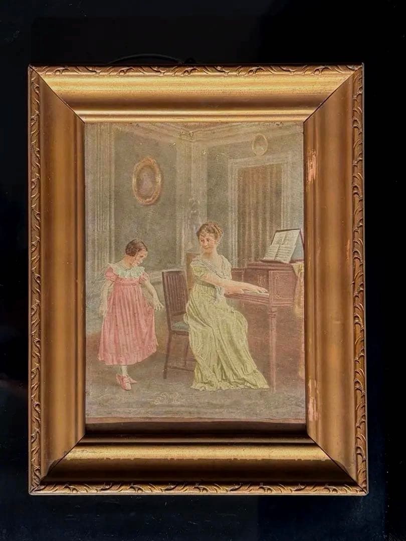100年以上前？の、小さな額絵‼️社交界デビューの準備❓ママのピアノでダンスの練習