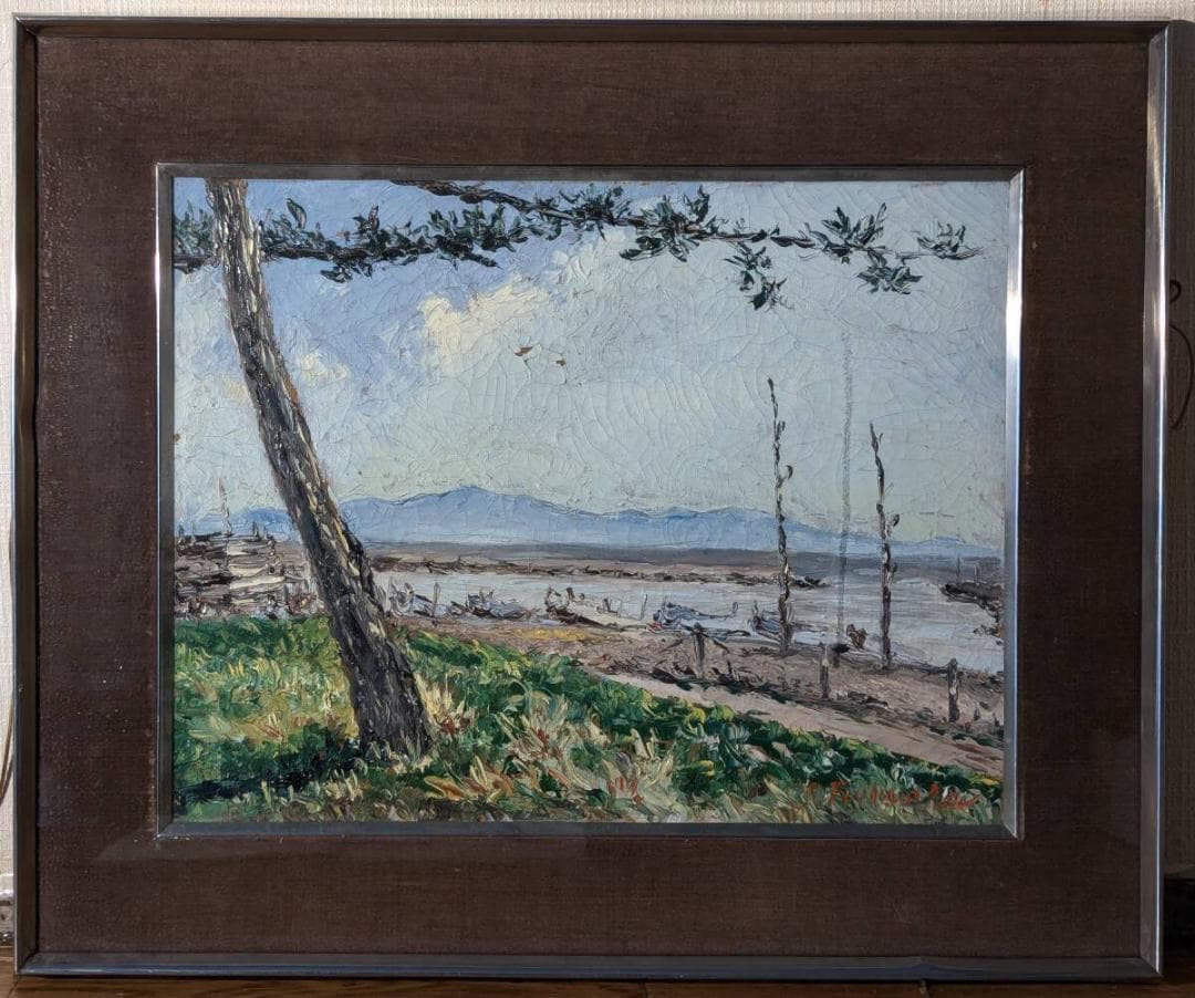 【真作】絵画　藤原修治郎　油彩6号　漁港　心を癒す自然の美　静かな大地　U20