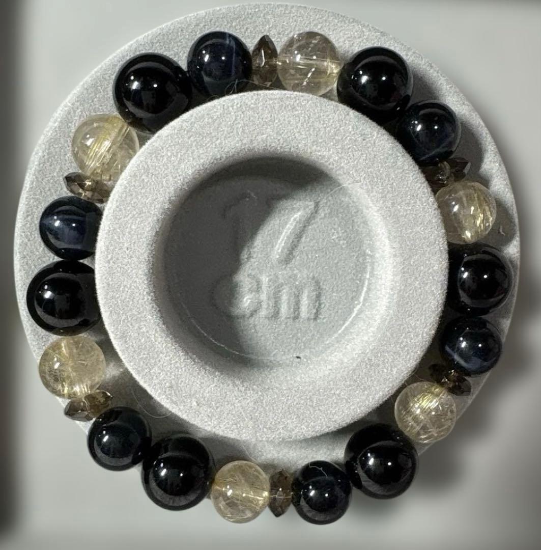 モリオン（黒水晶）、ブルータイガーアイ、ゴールドルチルクォーツ【17cm】 天然石 ブレスレット モリオン黒水晶 カイヤナイト ゴールデンルチル