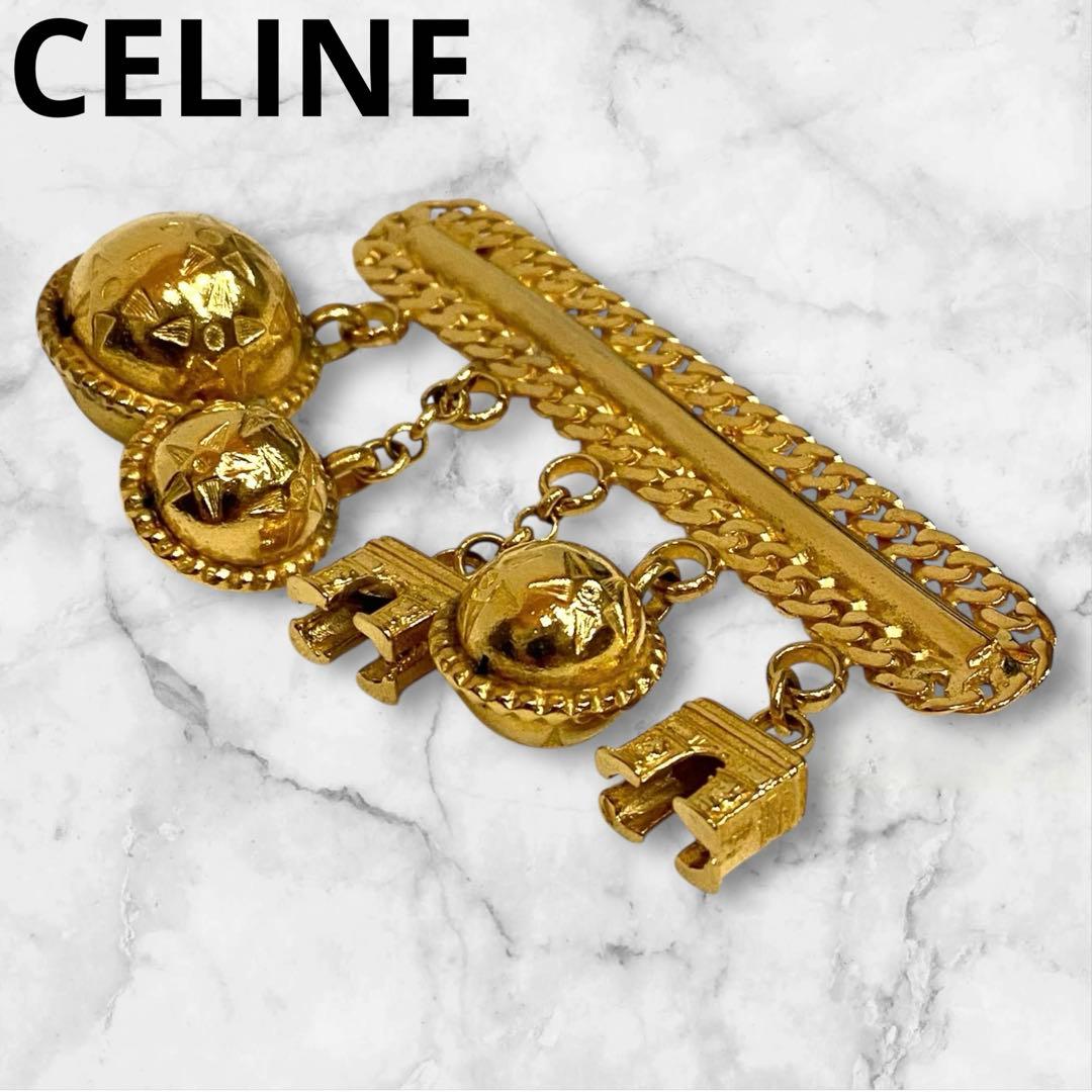 入手困難★セリーヌ★ブローチ スターボール 凱旋門 ゴールド チェーン 刻印 CELINE セリーヌ 凱旋門 スターボール ロゴ アンティーク ブローチ