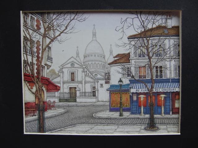 円池茂、【テルトル広場の朝】、希少な画集画、新品高級額 額装付、状態良好