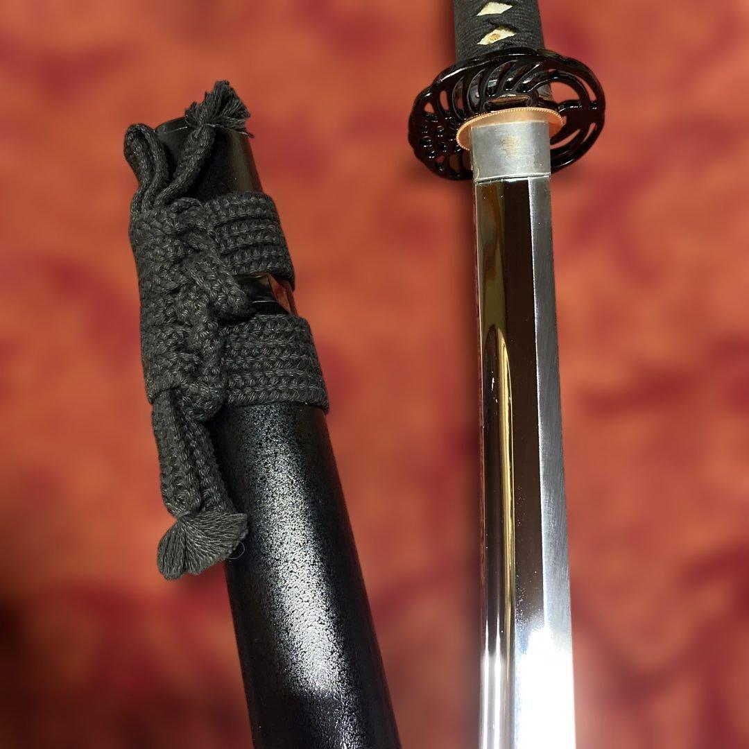 女性•少年向き高級居合刀(刀袋付) 黒柄 鶴羽透し丸鍔