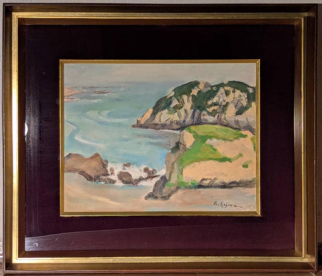 【真作】絵画　小島善太郎　油彩6号　千景の海岸　海と岬の風景　箱・黄袋入　Z14