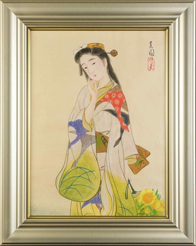 池田蕉園　日本画　肉筆『夕くれ』表サイン(印譜)　P8号　額装　b735