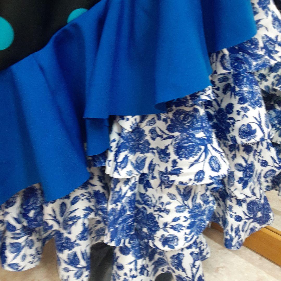 フラメンコ衣装 ☆ファルダのみ ＊青/黒/白地青バラ柄フリルファルダ