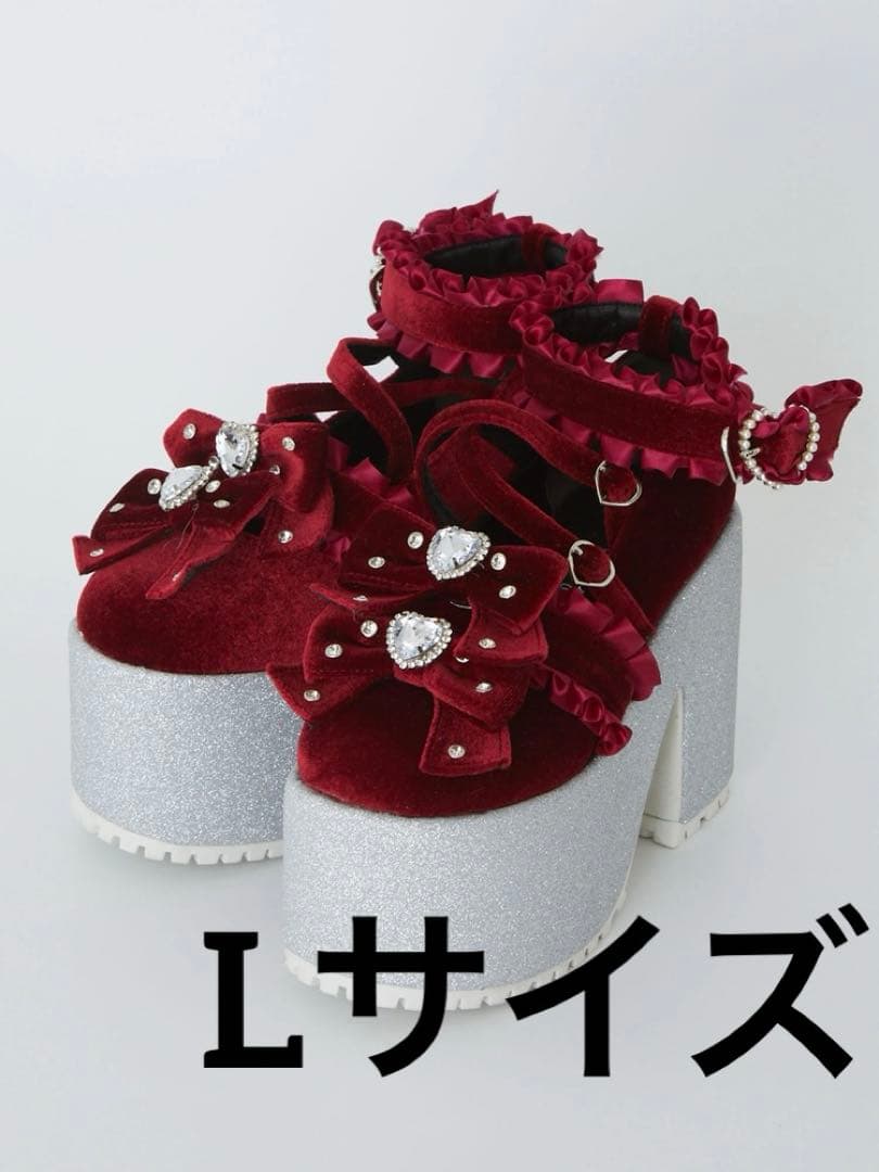 【Ank Rouge】キラキラビジューベロアリボン厚底シューズ レッド 赤 L