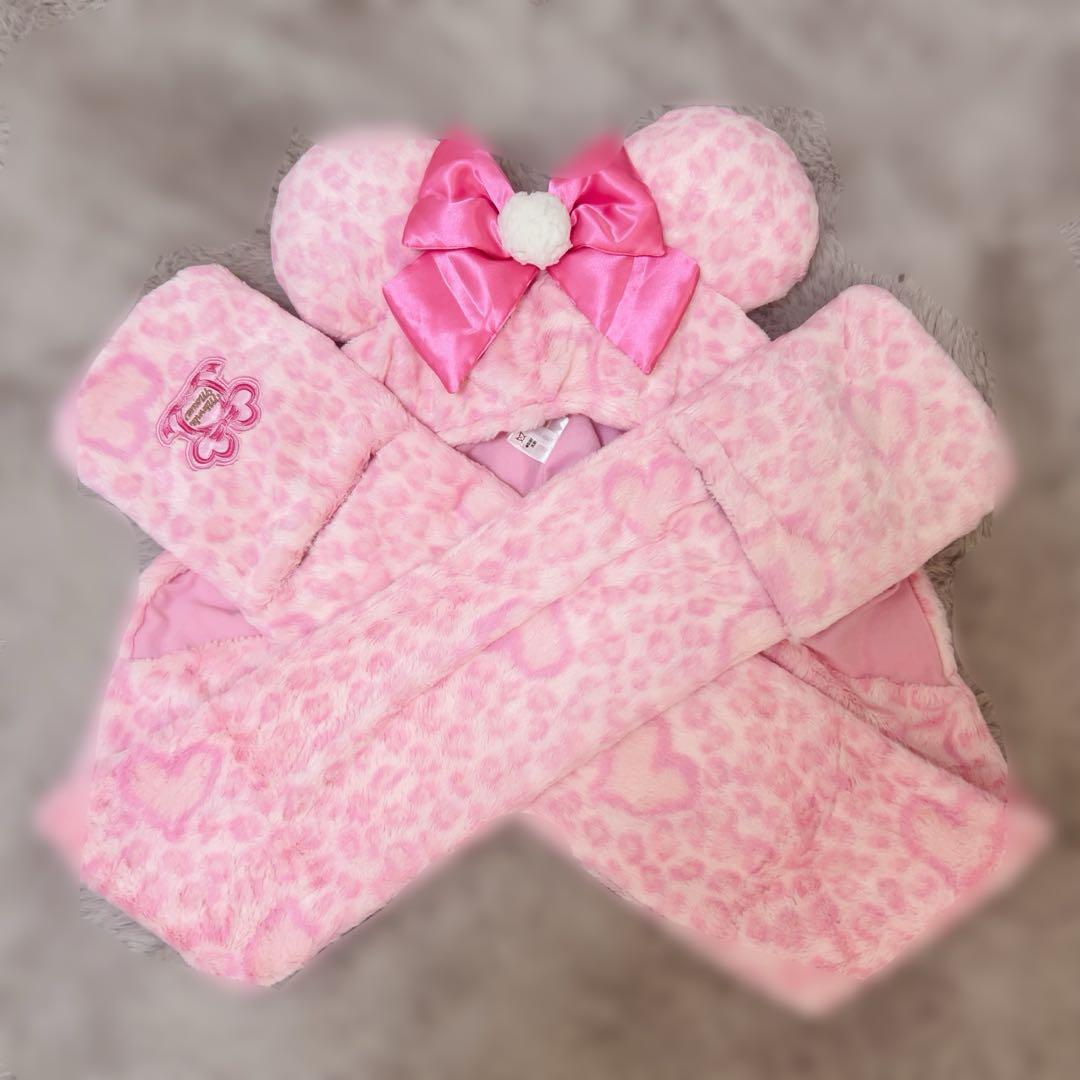 【美品】ディズニー ヒョウ柄 マフラーキャップ ピンク