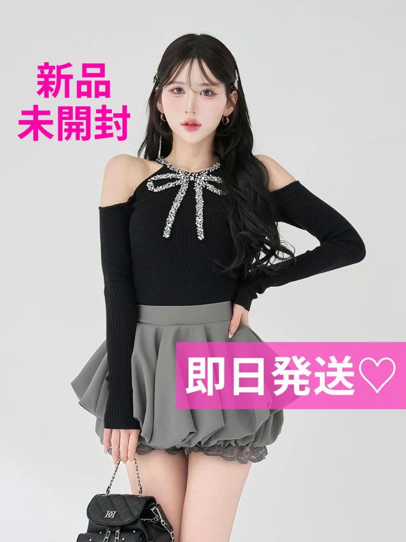 Darich ダーリッチ リボンビジューアメスリニットトップス BLK