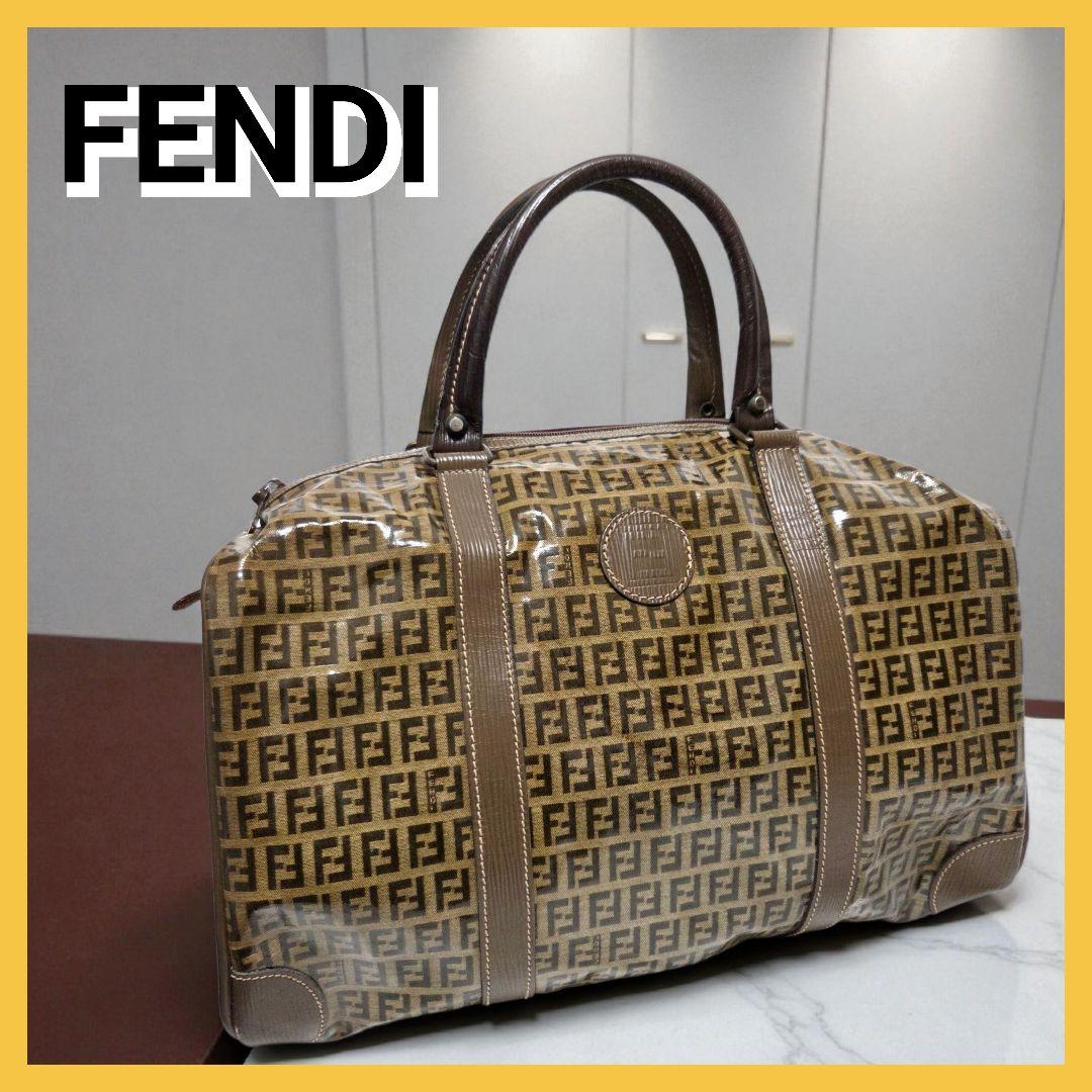 FENDI ズッカ柄 ボストンバッグ エナメル ブラウン