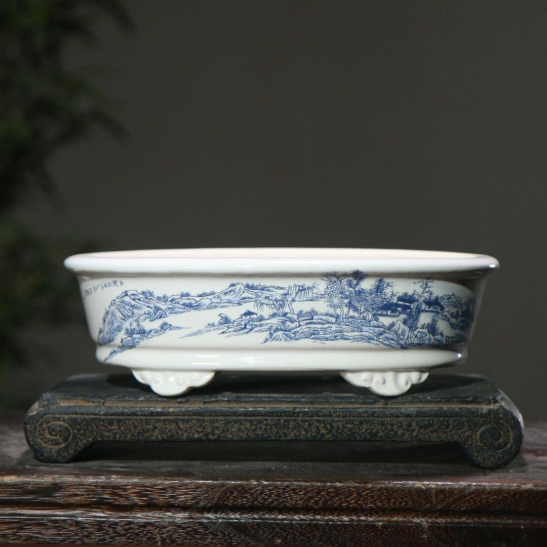 色絵山水陶磁の鉢 盆栽鉢 山野草鉢 多肉植物 植木鉢 小品大品盆栽鉢 陶器鉢置物