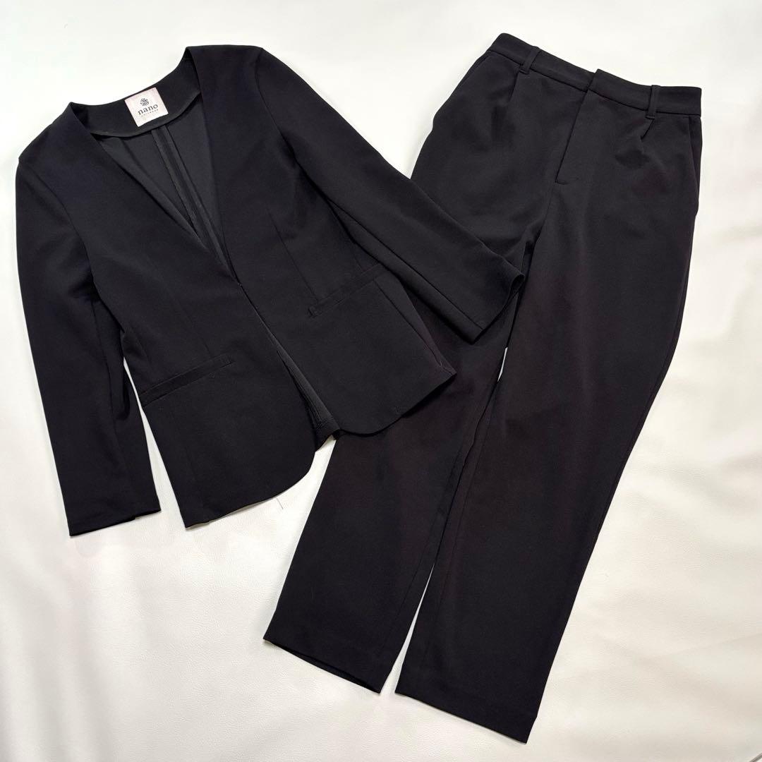 ナノユニバース パンツスーツ セットアップ Mサイズ ノーカラー 黒 洗える