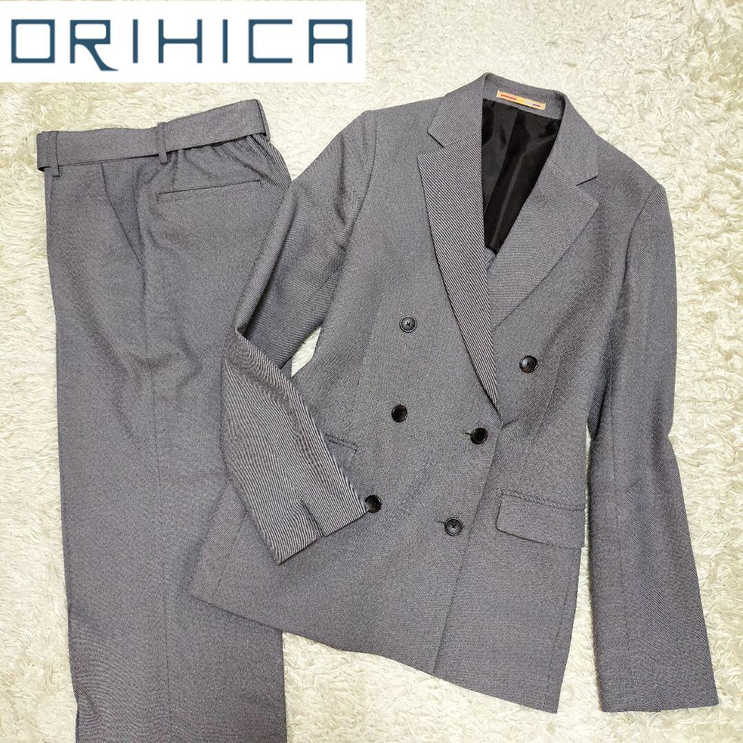 【美品】オリヒカライム ダブルジャケット ストレッチスーツ グレー アウトレット]ORIHICA LUXE セットアップダブルジャケット チェック