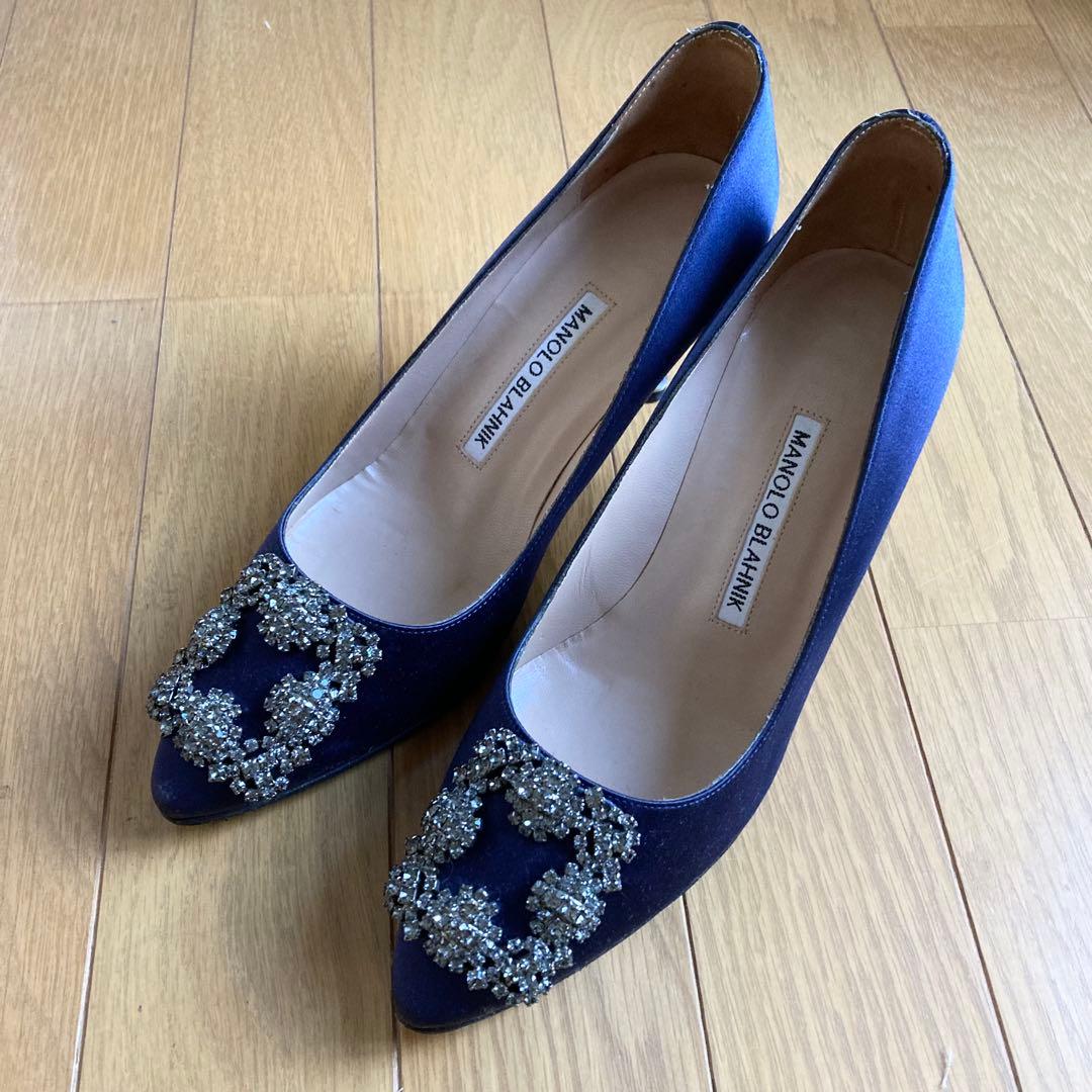 MANOLO BLAHNIK ネイビー サテン　36.5 MANOLO BLAHNIK Viera 90 satin slingback sandals | NET-A-PORTER