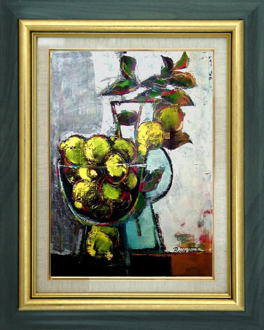 油絵 菅家令子絵 絵画インテリア額付(青緑＋金色の枠)uF6-063304レモン ❤️新作 油絵菅家令子絵画インテリア額(青緑＋金色枠)F6-010426市松