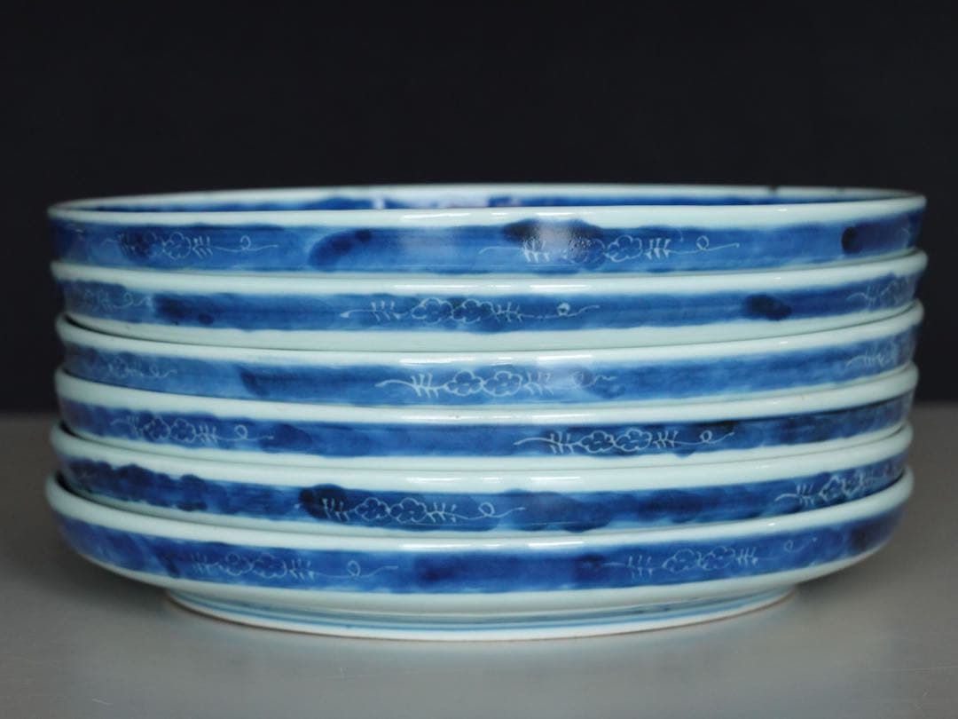 江戸時代 中期 古伊万里 染付 墨弾き 草花文 皿 6客 リム皿 七寸皿 中