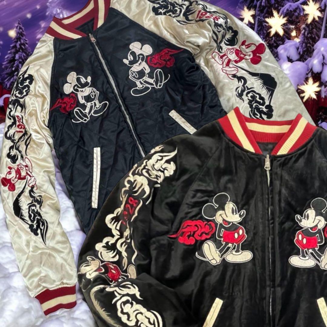 レア Disney ディズニー ミッキーマウス リバーシブル スカジャン 刺繍