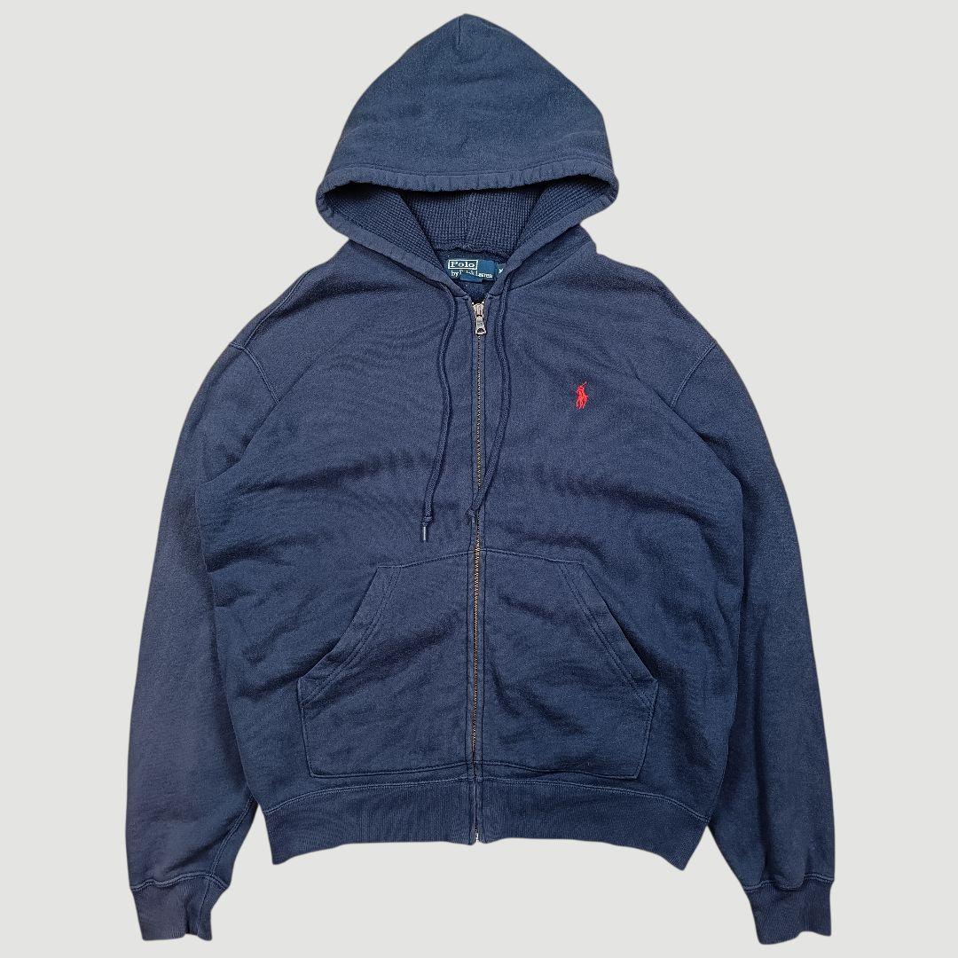 90s ラルフローレン フード裏サーマル フルジップパーカー ネイビーMサイズ