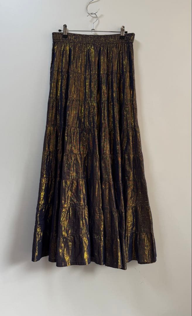 90s シャンブレー ティアードスカート ゴールド hooked itimi 接触冷感】ティアードスカート 楽ちん ウエストゴム 春夏 涼しい