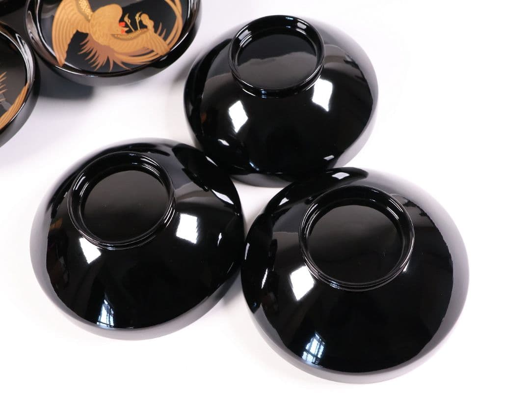 CM401】天然木漆塗 菊桐鳳凰金蒔絵 黒塗 吸物椀 三客 昭和期 木製漆器