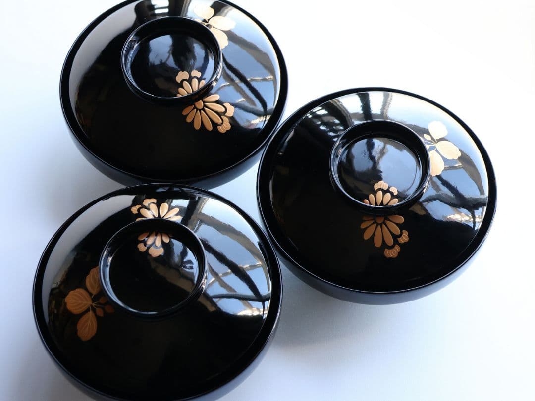 CM401】天然木漆塗 菊桐鳳凰金蒔絵 黒塗 吸物椀 三客 昭和期 木製漆器