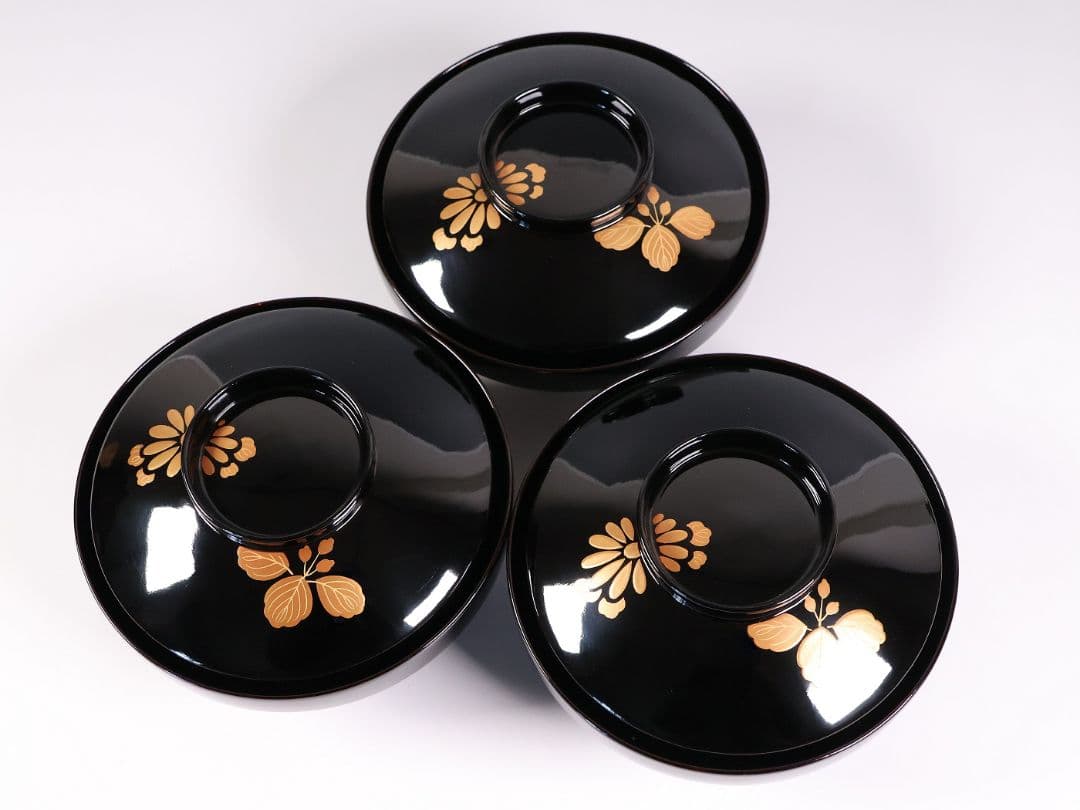 CM401】天然木漆塗 菊桐鳳凰金蒔絵 黒塗 吸物椀 三客 昭和期 木製漆器