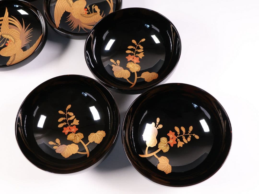 CM401】天然木漆塗 菊桐鳳凰金蒔絵 黒塗 吸物椀 三客 昭和期 木製漆器