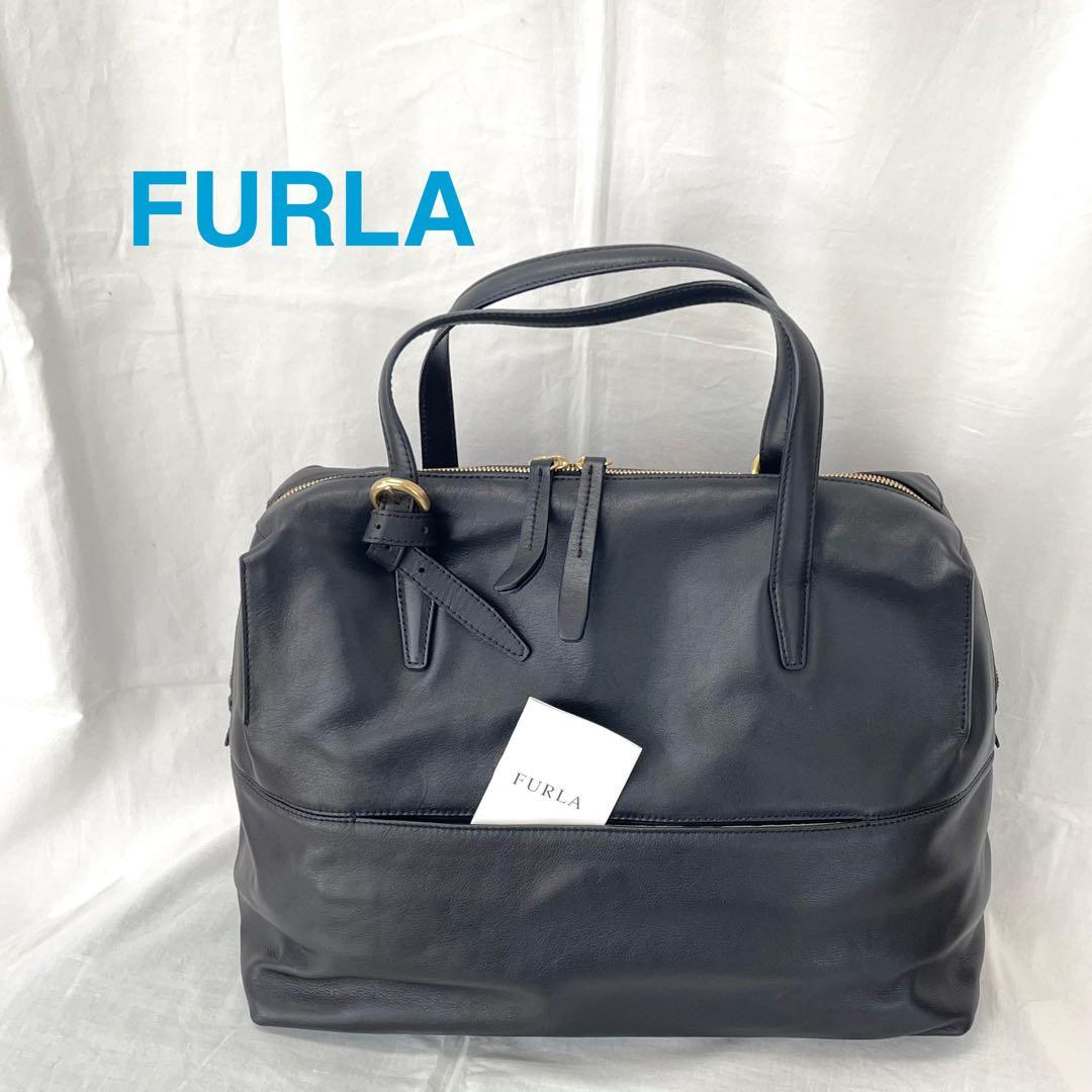 【S】美品FURLA ブラック レザーボストンバッグ 大容量 旅行カバン