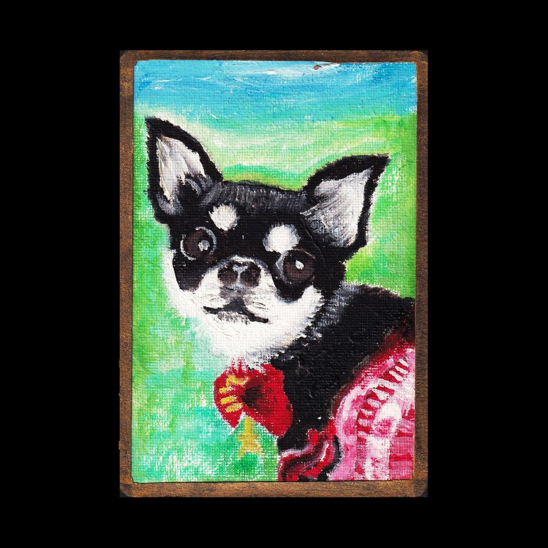 チワワ 小型犬 黒い毛並み マロ眉 絵画 油絵 油彩画【mc0532】 - メルカリ