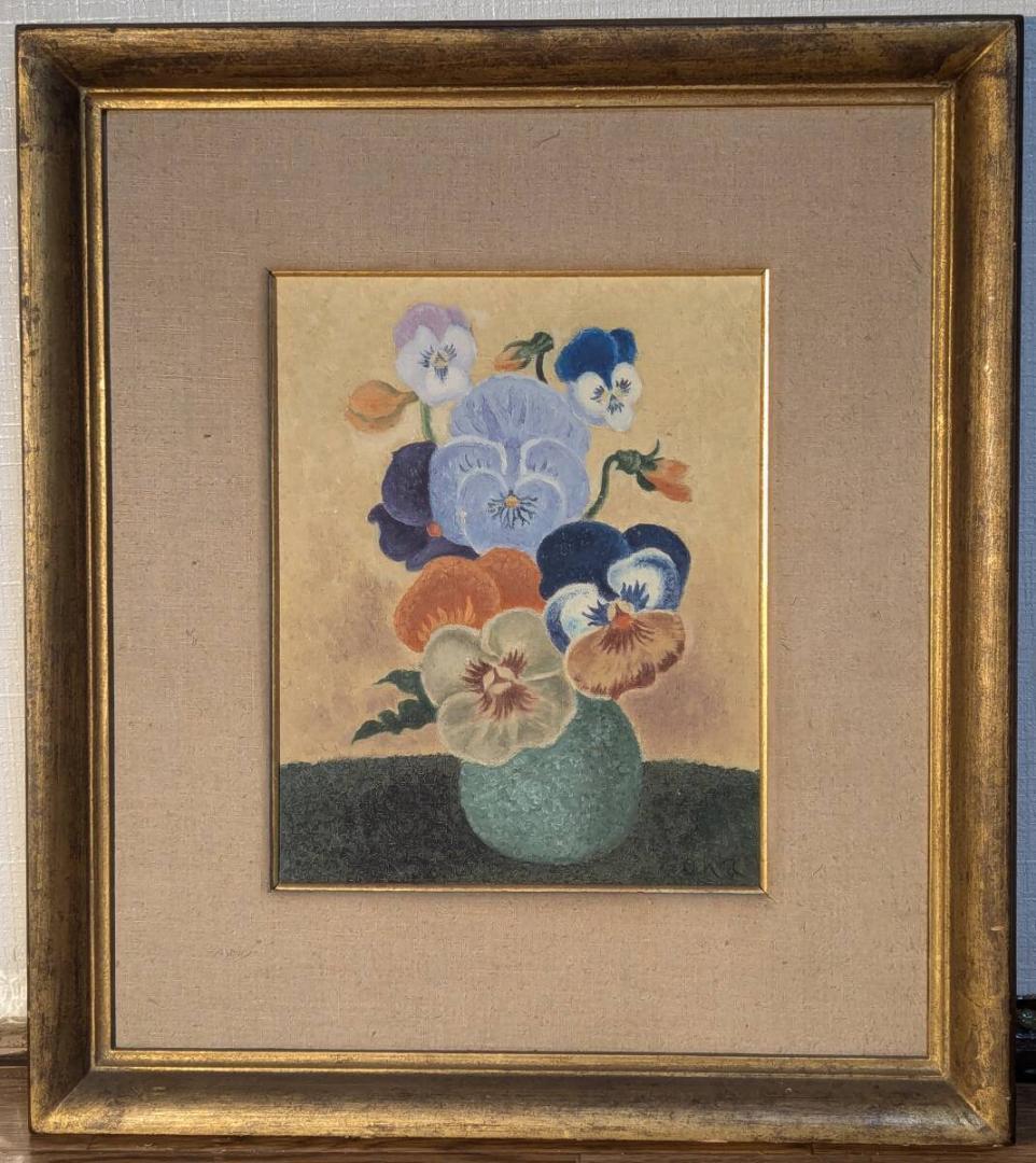 模写】絵画 岡鹿之助 油彩3号 パンジー 静謐な花の美しさ 品な色調 W39