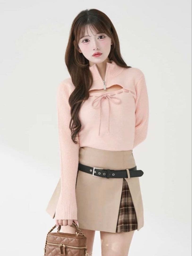 ダーリッチ ステッチリボンオープンニットトップス　ピンク