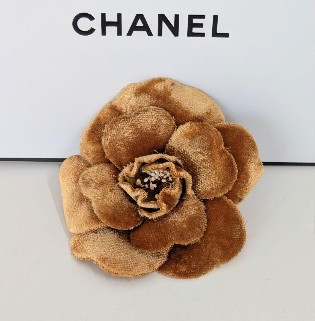 CHANEL シャネル カメリア コサージュ ピンブローチ ベロア キャメル