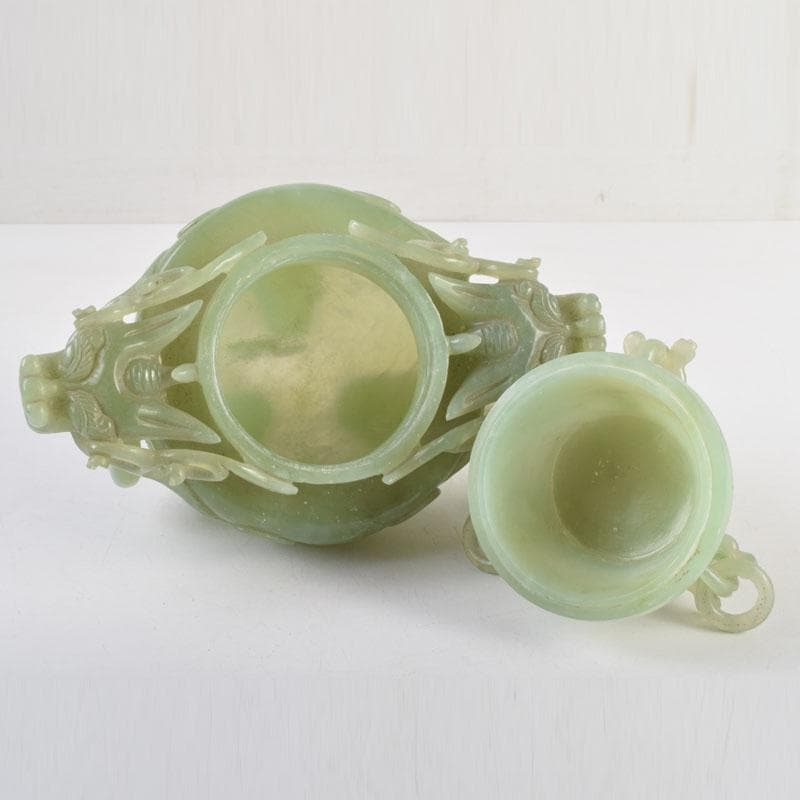 中国 玉石彫刻 雙耳活環 龍鈕蓋爐 香炉 唐木台付 C 9149 - メルカリ