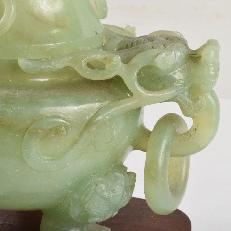 中国 玉石彫刻 雙耳活環 龍鈕蓋爐 香炉 唐木台付 C 9149 - メルカリ