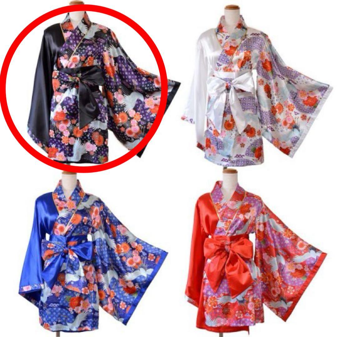 LoveRich】ラブリッチ コスプレ 花魁 着物 和柄 ツートン ミニ 黒系