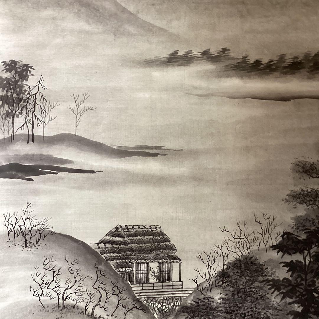 橋本雅邦　紙本水墨画《風景人物画》肉筆　落款印譜あり　双幅捲り　模写　NO107