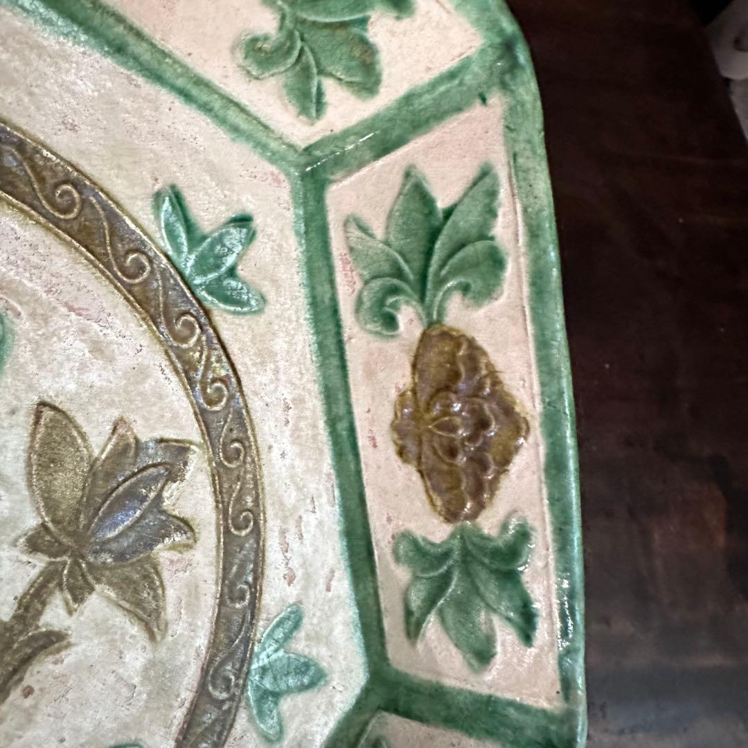 希少 遼代 三彩八角盤 清朝期 粉彩花の図 輪花台皿 中国古玩 中国美術