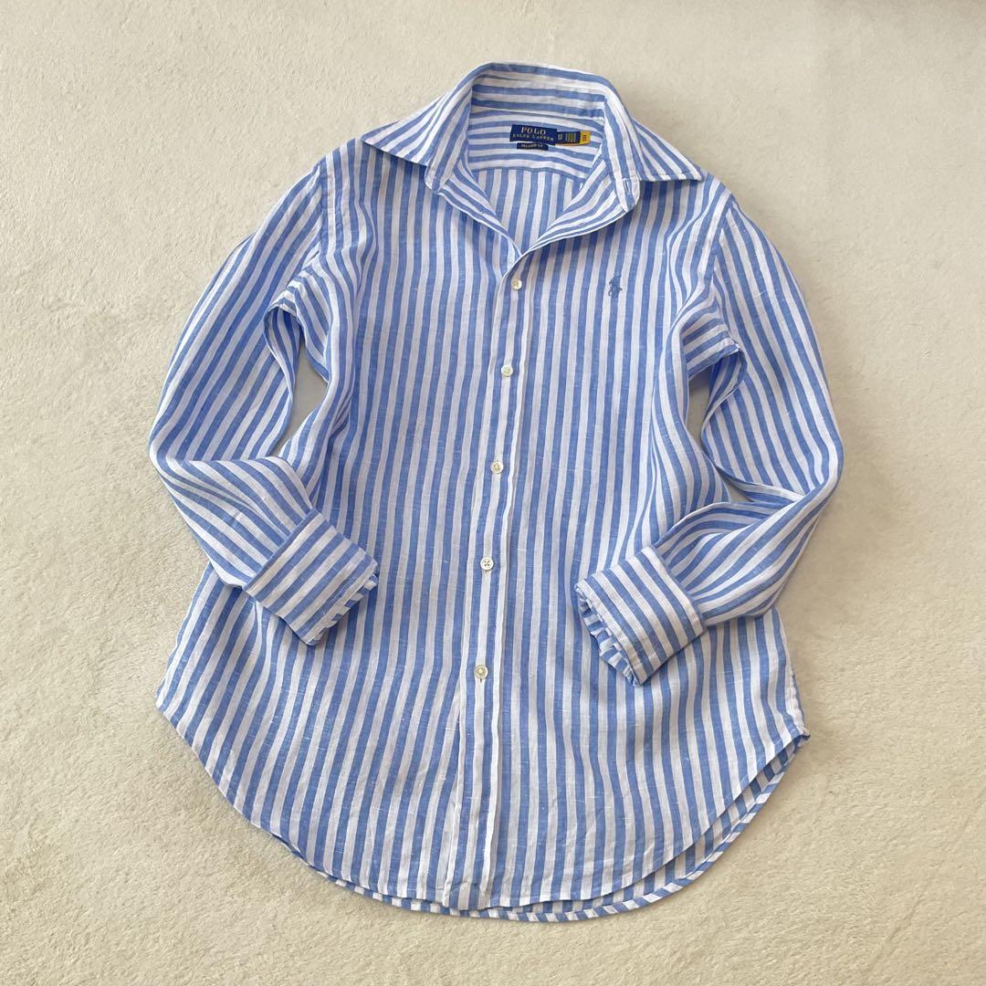 美品】ポロラルフローレン リネン ストライプ シャツ 現行 ポニー刺繍