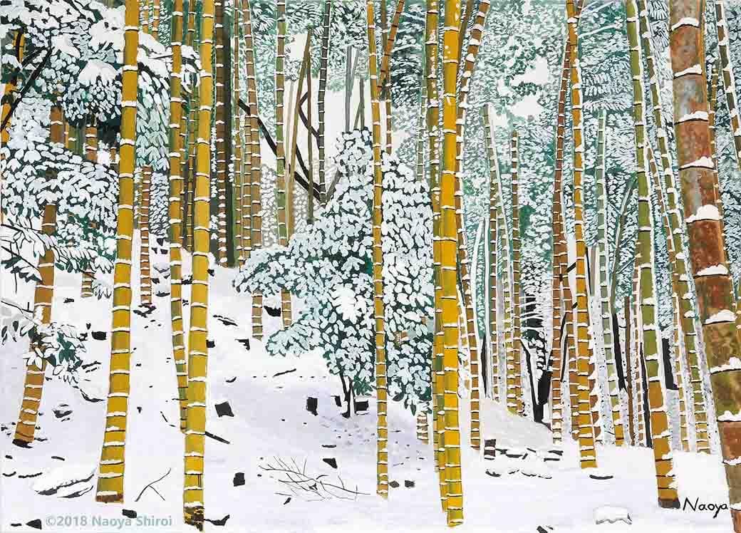 水彩画　ジクレー版画「雪の金明竹」（高良山／久留米市）