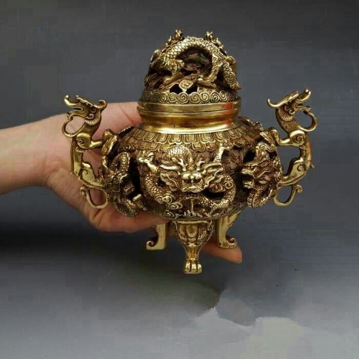 九竜薫香炉置物古代純銅の大きな透かし彫り