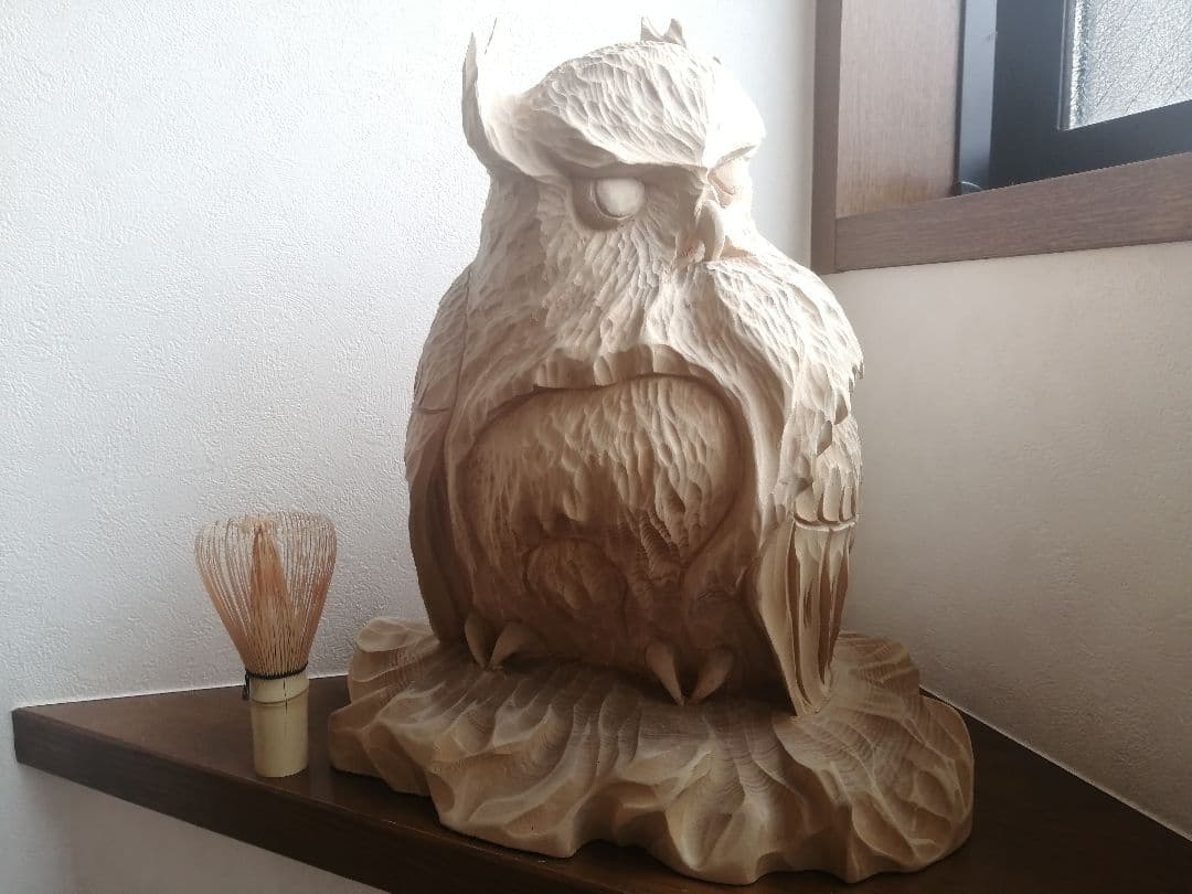 蝦夷縞梟 エゾシマ フクロウ 一刀彫 木彫 讃岐一刀彫 梟・幸せ梟(中) ハート模様 木彫り 縁起物 ふくろう